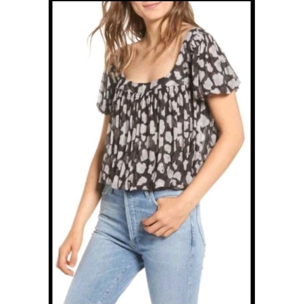 Free People Top Women Large Black Flower Fields Mesh Puff Sleeve Babydoll Blouse